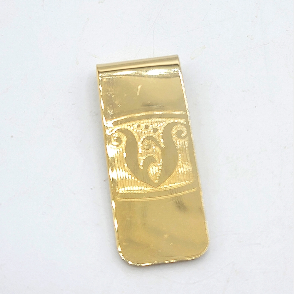 Engraved Money Clip Monogrammed W or M Gold tone Classic Vintage